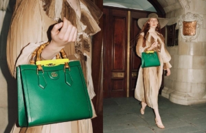 Gucci Diana mini crocodile tote bag in green crocodile