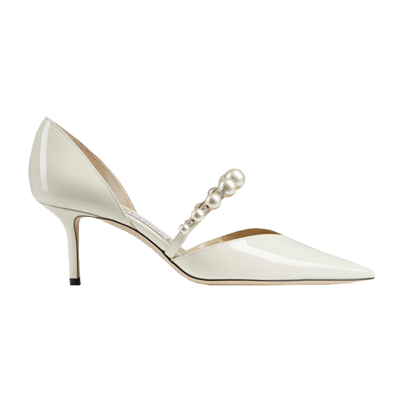 Aurelie 65 Latte Patent Leather Pointed Pumps with Pearl Embellishment