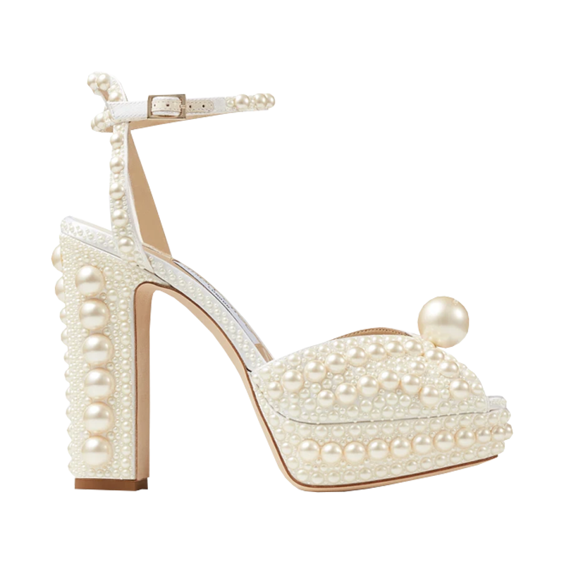 Sacaria/PF 120 White Satin Platform Sandals with All-Over Pearl Embellishment
